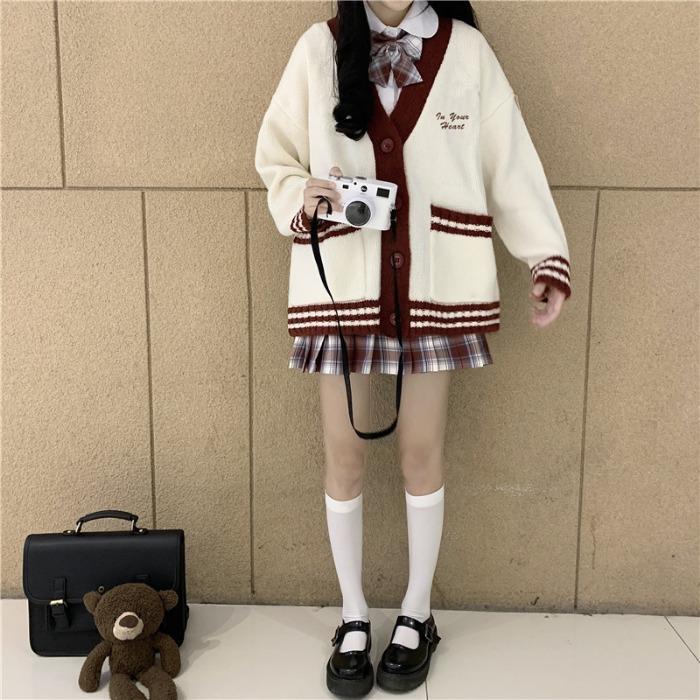 Áo khoác len dáng rộng phối màu tương phản trẻ trung phong cách Hàn Quốc