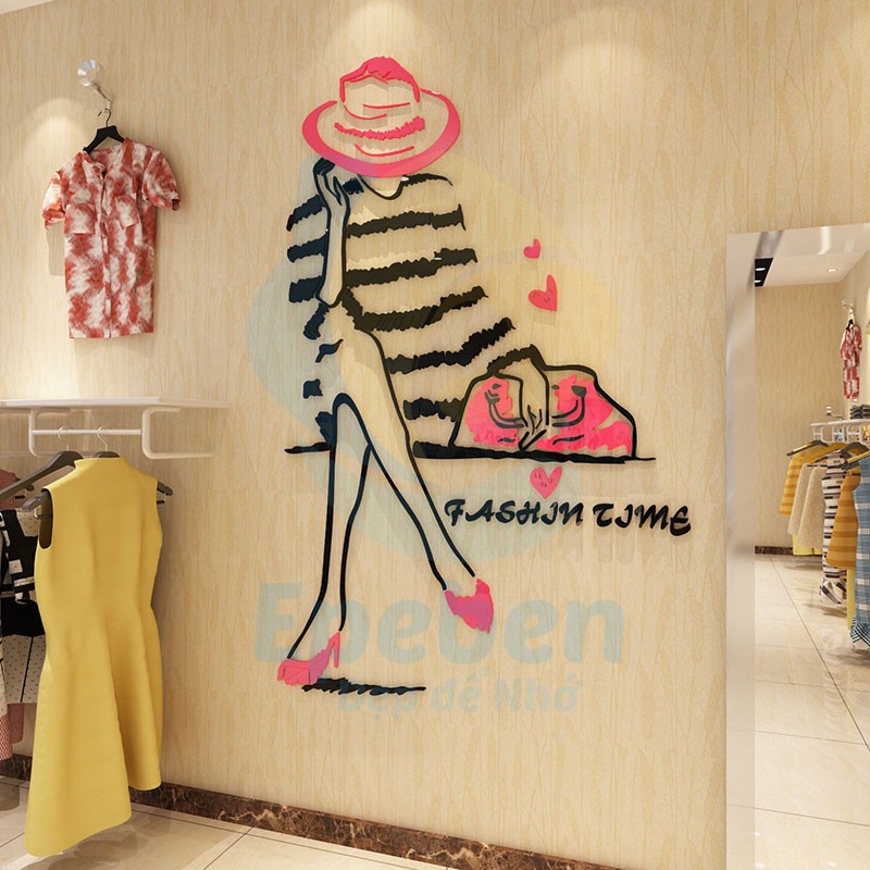 Tranh dán tường mica 3d decor khổ lớn fashion time trang trí spa, shop thời trang, phòng ngủ, nail, cafe