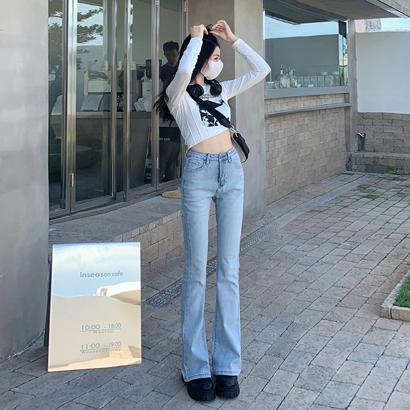 Quần Jeans Nữ Ống Loe Màu Xanh Nhạt Đậm Chất Co Dãn Có Túi Cạp Cao Cá Tính Sành Điệu Phong Cách Hàn Quốc Loại 1