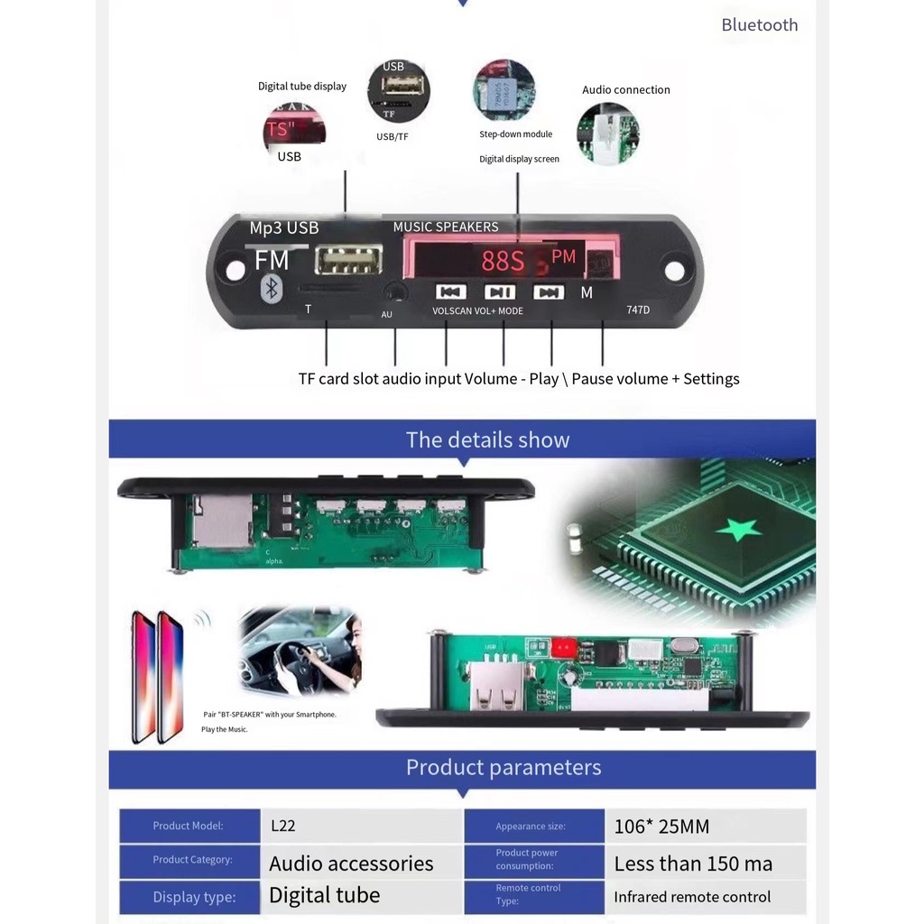 Bảng Giải Mã Âm Thanh mp3 Bluetooth mp3 Chuyên Dụng Cho Xe Hơi