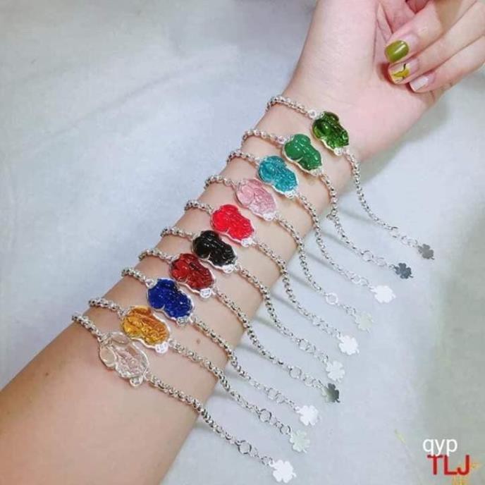 Lắc tay bạc thật JQN mặt đá tỳ hưu đủ màu phong thủy, Bạc chuẩn sáng đẹp