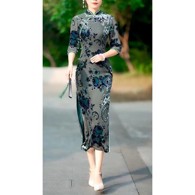 Đầm sườn xám dáng ôm dài trung bình thời trang thu đông 2021 thanh lịch cổ điển cho nữ