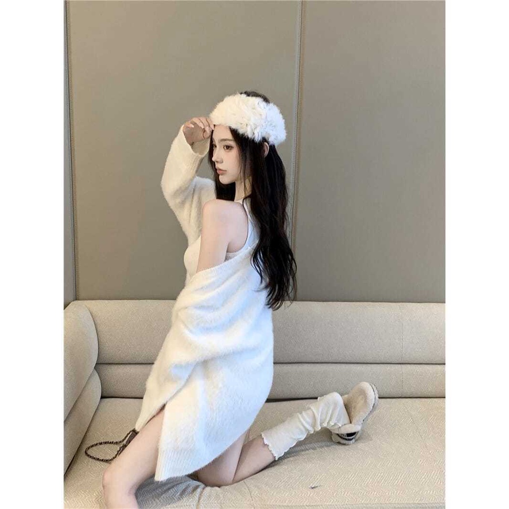 UIOWOO  Set áo khoác cardigan dệt kim + váy yếm ngắn thời trang cho nữ
