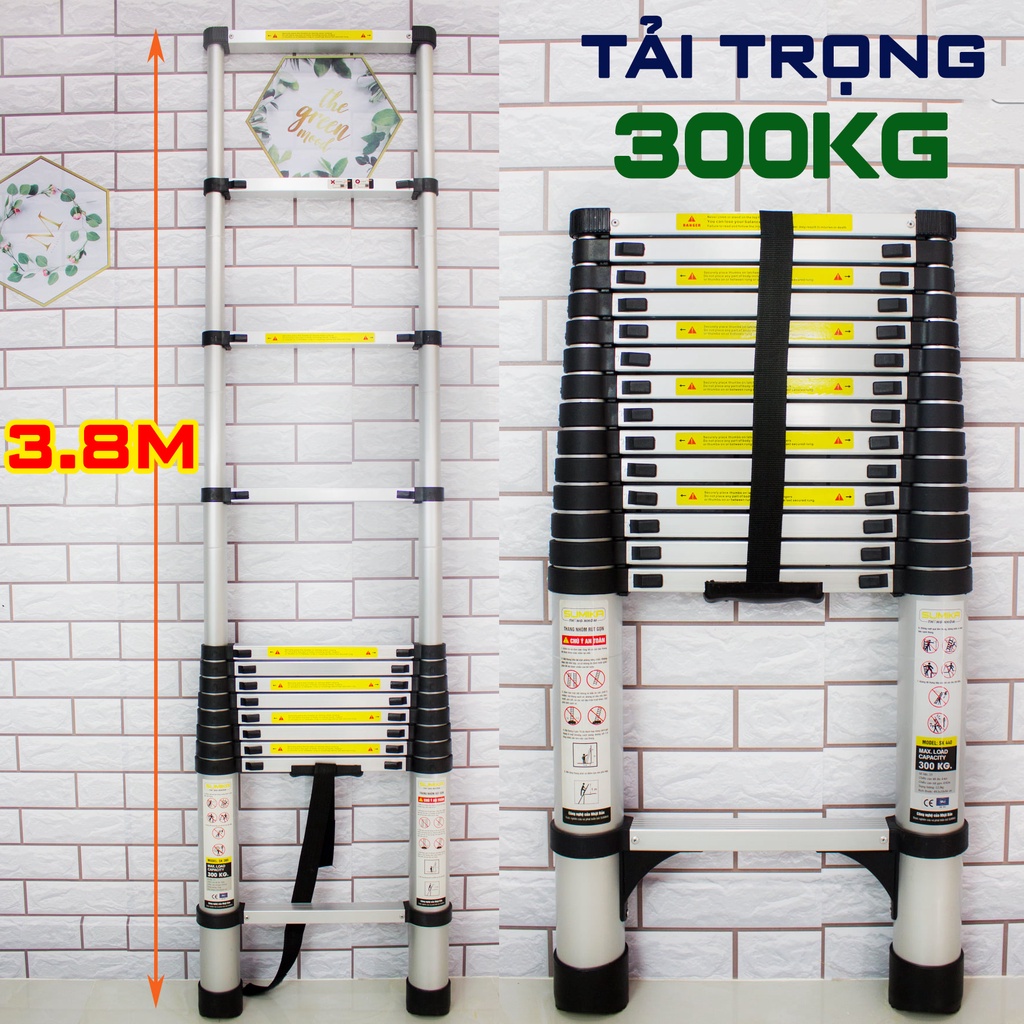 Thang nhôm rút xếp đơn 3,8M Sumika SK380 tải trọng 300kg, bảo hành 2 năm, thang thợ điện, thang công trình