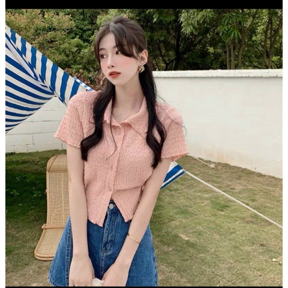 Áo Croptop Nữ Sexy Cổ Bẻ Tay ngắn Chất Vải Xốp Nhăn