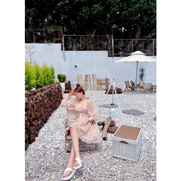 Đầm EMDAY Thiết Kế Váy Nữ Xoè Màu Be Khoét Eo Hở Lưng Thắt Dây Tôn Dáng Đi Biển Dự Tiệc PROM Papillon Dress