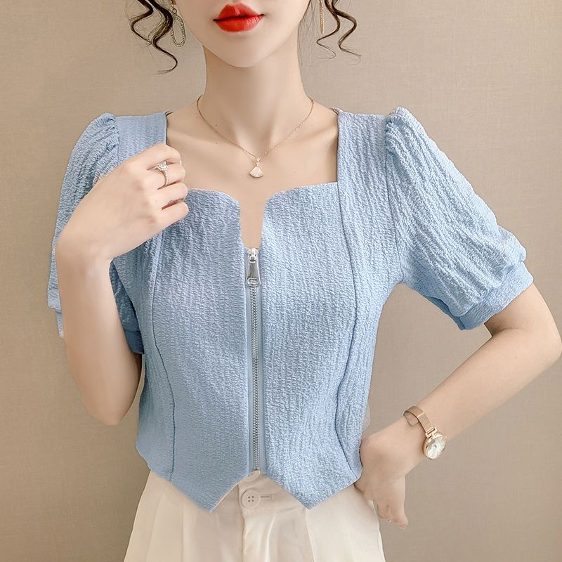 Áo Sơ Mi Tay Ngắn Phồng Cổ Vuông Phối Khóa Kéo Thời Trang Mới