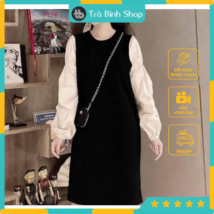 Váy Suông Tay Bo Đầm Dáng Dài Tay Phối Trắng Tiểu Thư Hàng VNXK