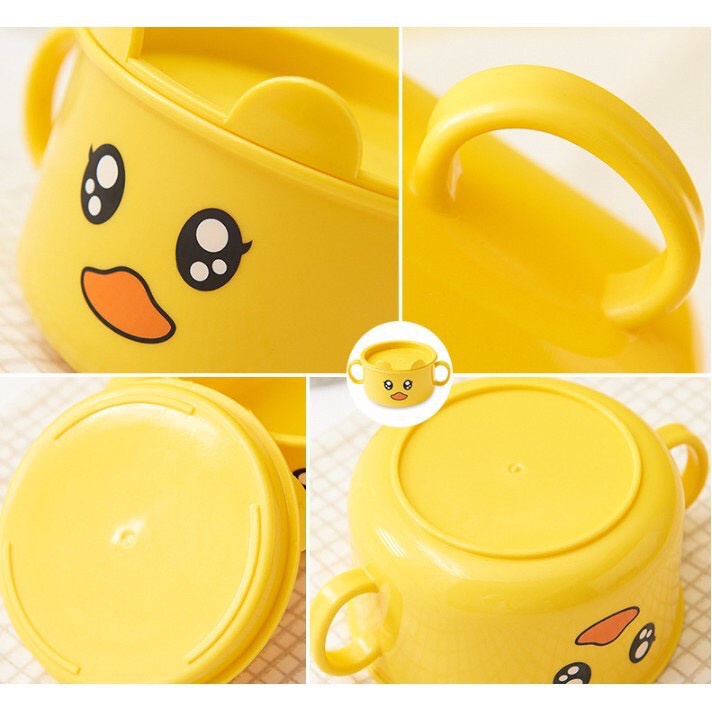 Set khay ăn dặm, cốc, bát hình vịt vàng chất liệu lúa mạch cho bé