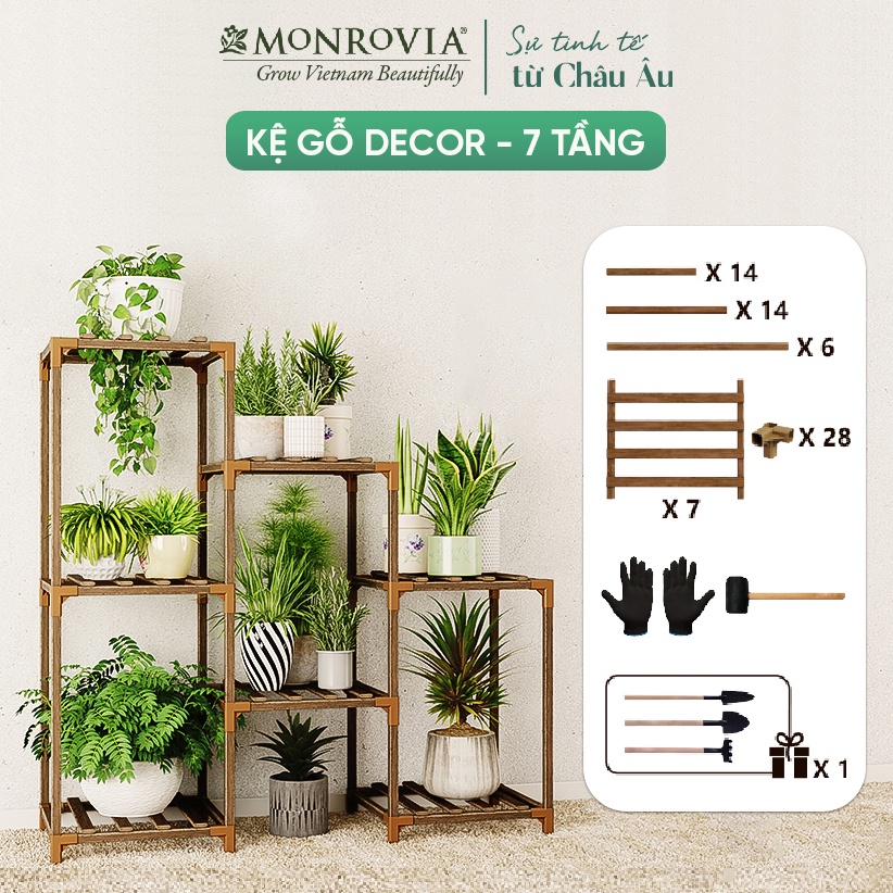 Kệ gỗ decor MONROVIA để cây trang trí trong nhà, ban công, từ 6 đến 15 tầng, mua 1 được 4, tiêu chuẩn Châu Âu