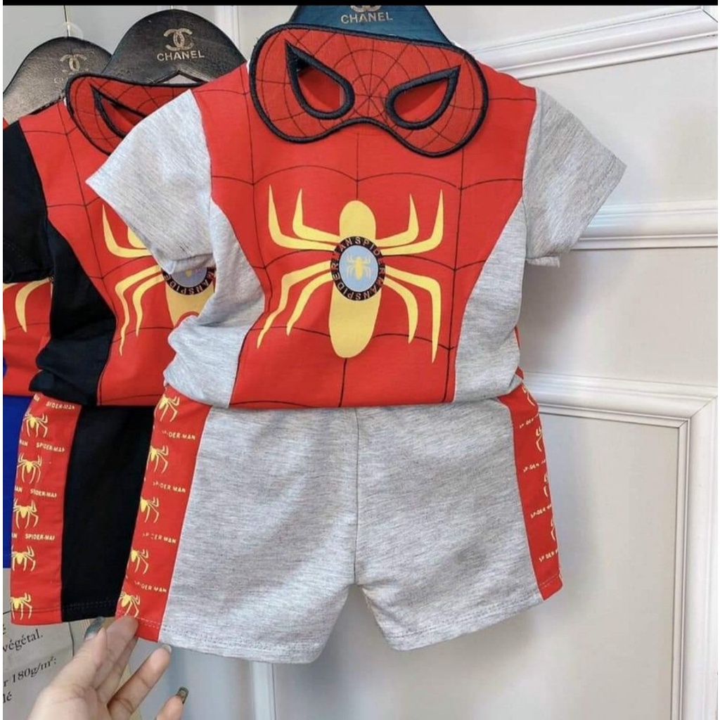 Bộ thun lạnh cộc tay  họa tiết người nhện cho bé trai từ 1 tuổi đến 5 tuổi ( không kèm che mắt)