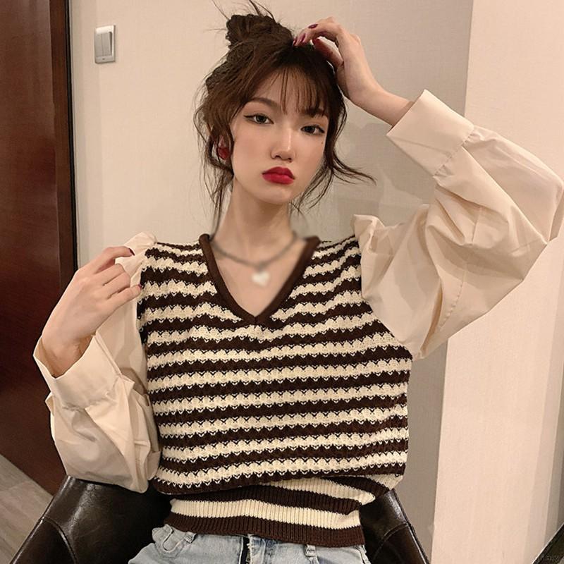Áo Cotton Dệt Kim Tay Dài Cổ Chữ V Xinh Xắn Chất Lượng Dành Cho Nữ