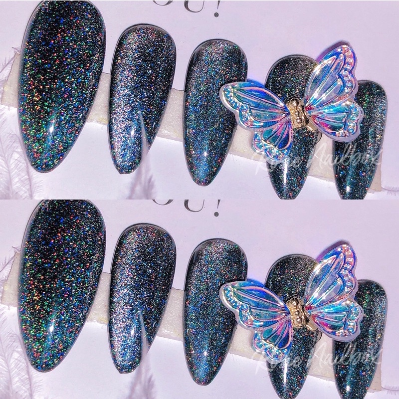 Móng úp màu mắt mèo cầu vồng đen sang chảnh phối nơ lấp lánh xinh cực kèm keo và dũa