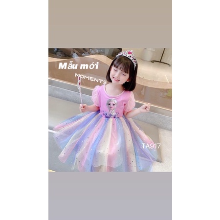 Váy Elsa hình 3d cotton 3 lớp phối ren mềm mịn