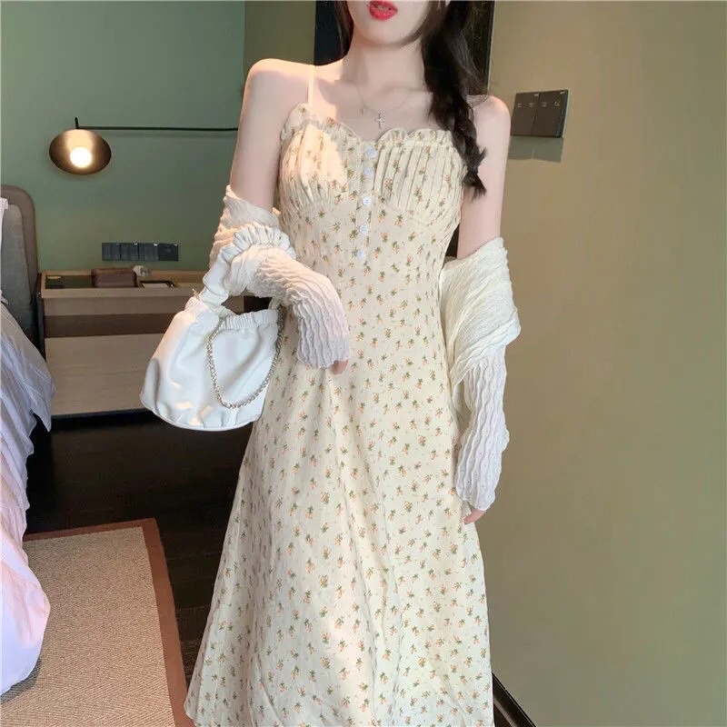 Váy Hai Dây Hoa Nhí/ Áo Khoác Cardigan Mỏng HT01 Phong Cách Hàn Quốc