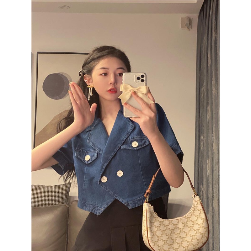 Áo Khoác Denim Tay Ngắn Dáng Rộng Phong Cách Hàn Quốc Thời Trang Mùa Hè Hàng Mới Dành Cho Bạn Nữ