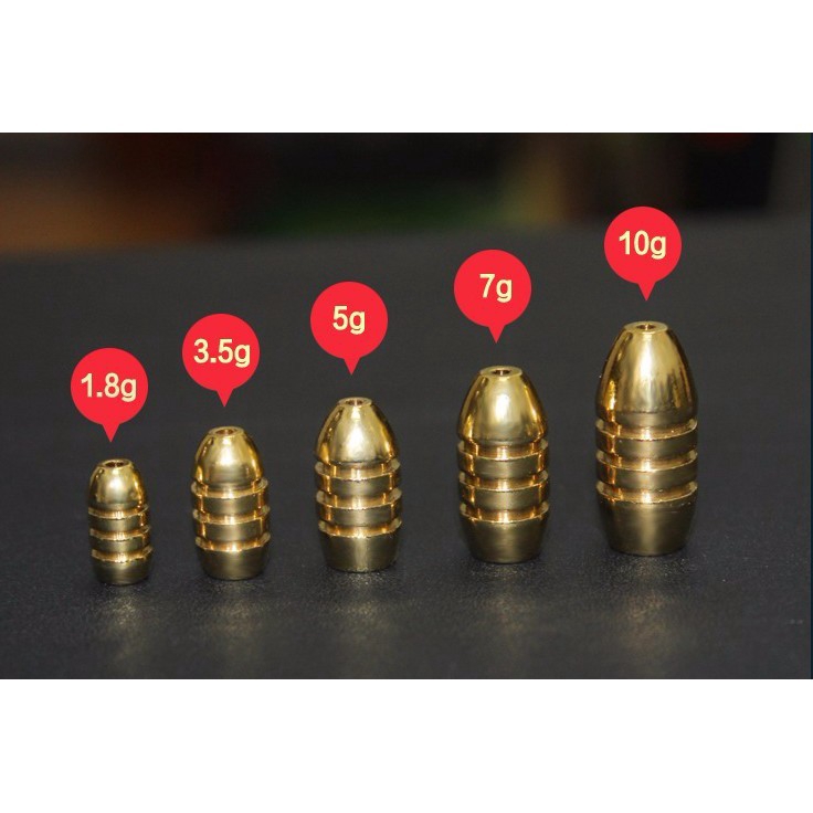 Set 5 chì câu cá bằng đồng hình dạng viên đạn sắc nét nặng 10g/ 7g/ 5g/ 3.5g/ 1.8g