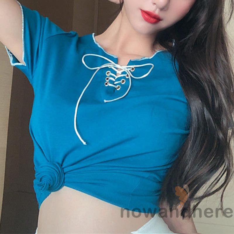 Áo Thun Tay Ngắn Cổ Đan Dây Chéo Màu Sắc Trơn Thời Trang Cho Nữ | BigBuy360 - bigbuy360.vn