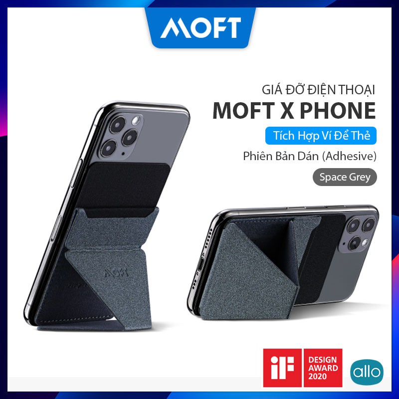 Giá Đỡ Điện Thoại Moft X Phone Stand Space Gray, Tích Hợp Ví Để Thẻ ATM, Siêu Mỏng Đa Năng, Phiên Bản Dán Keo (Adhesive)