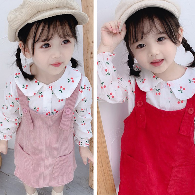 Bộ áo tay dài đáng yêu + đầm yếm màu trơn cho bé gái | BigBuy360 - bigbuy360.vn