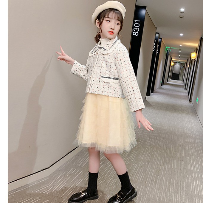 Váy thu đông bé gái chất dạ phối ren tầng xinh xắn tặng kèm áo khoác siêu đẹp size 14-32kg [SV07]