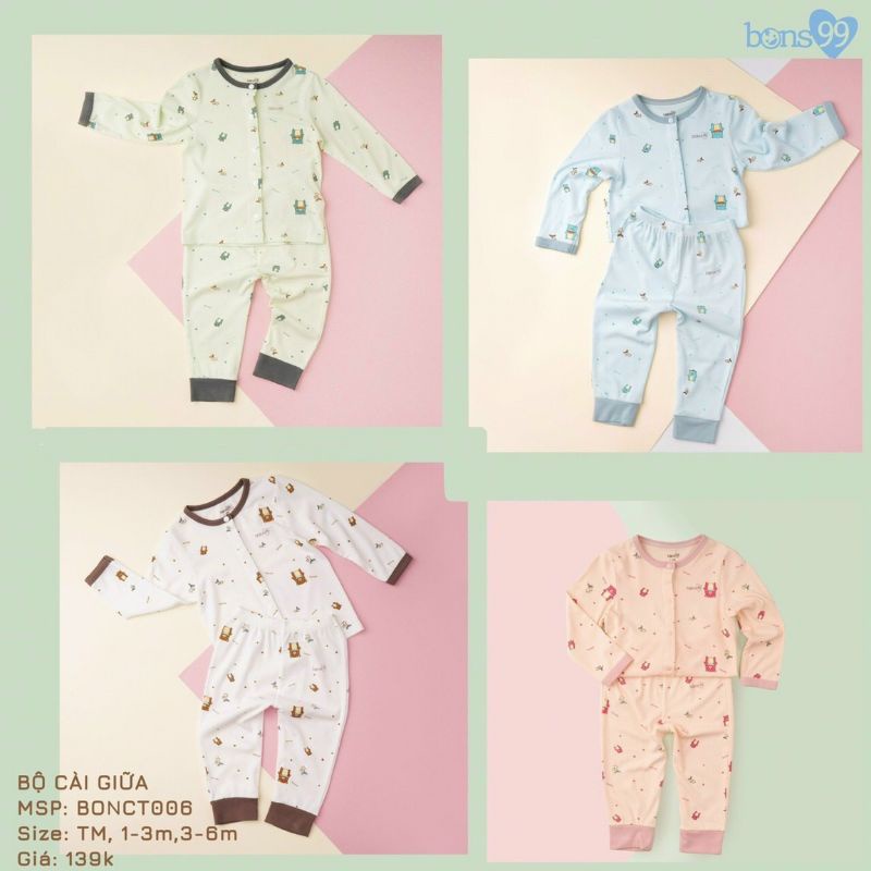 Bon99 -  Bộ dài tay cài giữa vải tăm cho bé 3-7kg