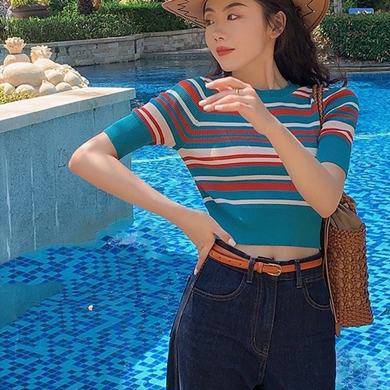 Áo dệt kim ZHELIHANGFEI ngắn tay cổ tròn họa tiết kẻ sọc trẻ trung