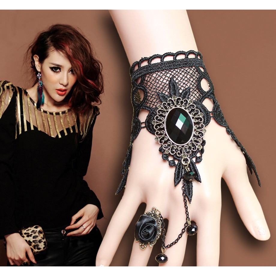 Vòng tay choker nữ ren đen đính nhẫn hoa hồng phong cách quý phái