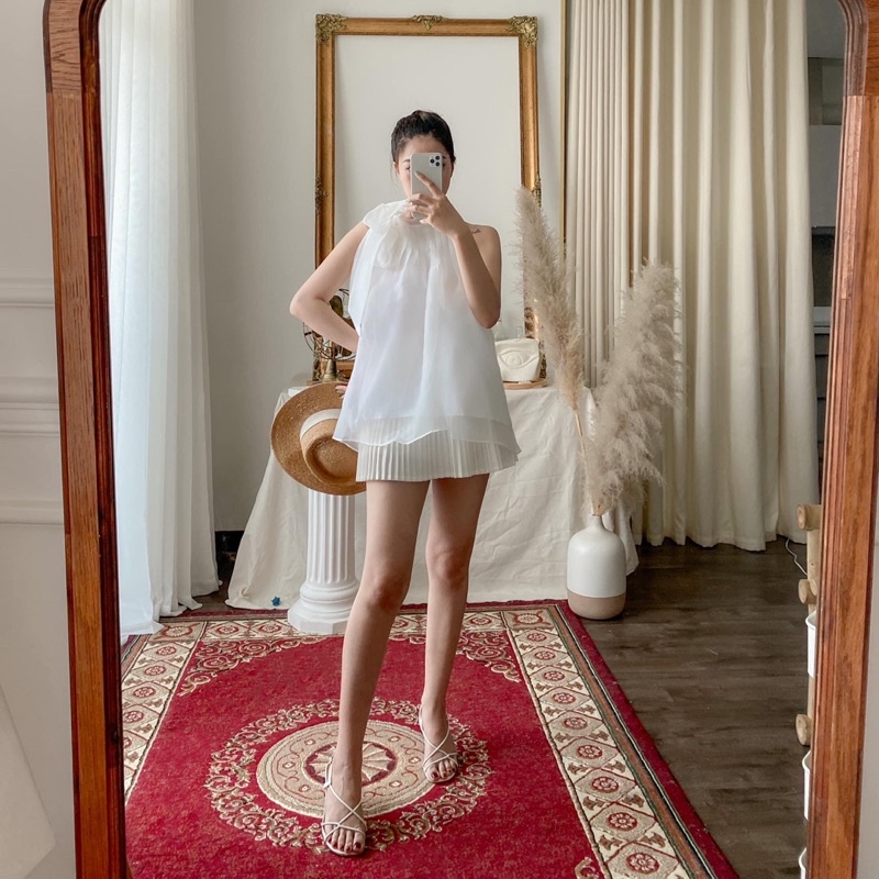 Áo cổ yếm màu trắng cột nơ cổ tiểu thư vintage