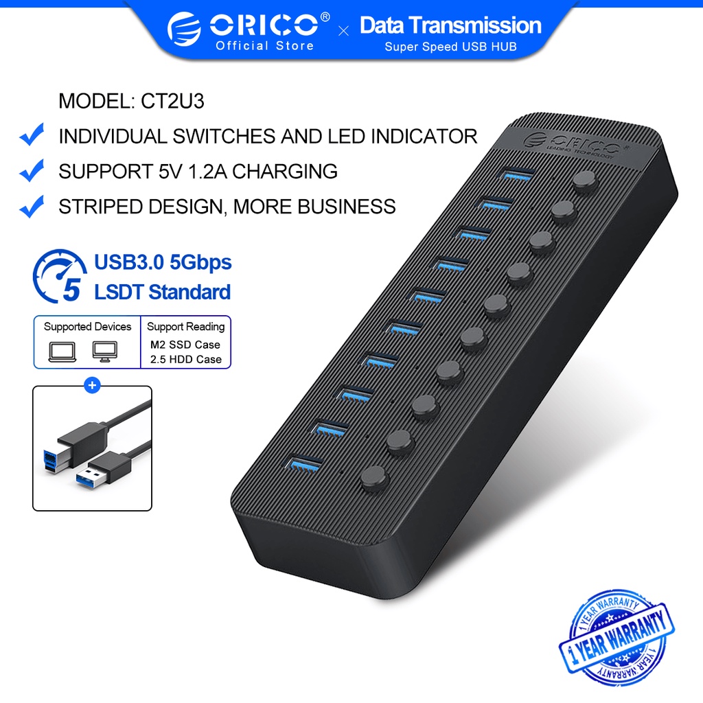 Hub Chuyển Đổi Sạc ORICO CT2U3 USB 3.0 7/10/13/16 Cổng OTG Bằng ABS Nguồn Điện 12V Có Công Tắc Bật Tắt Cho Máy Tính