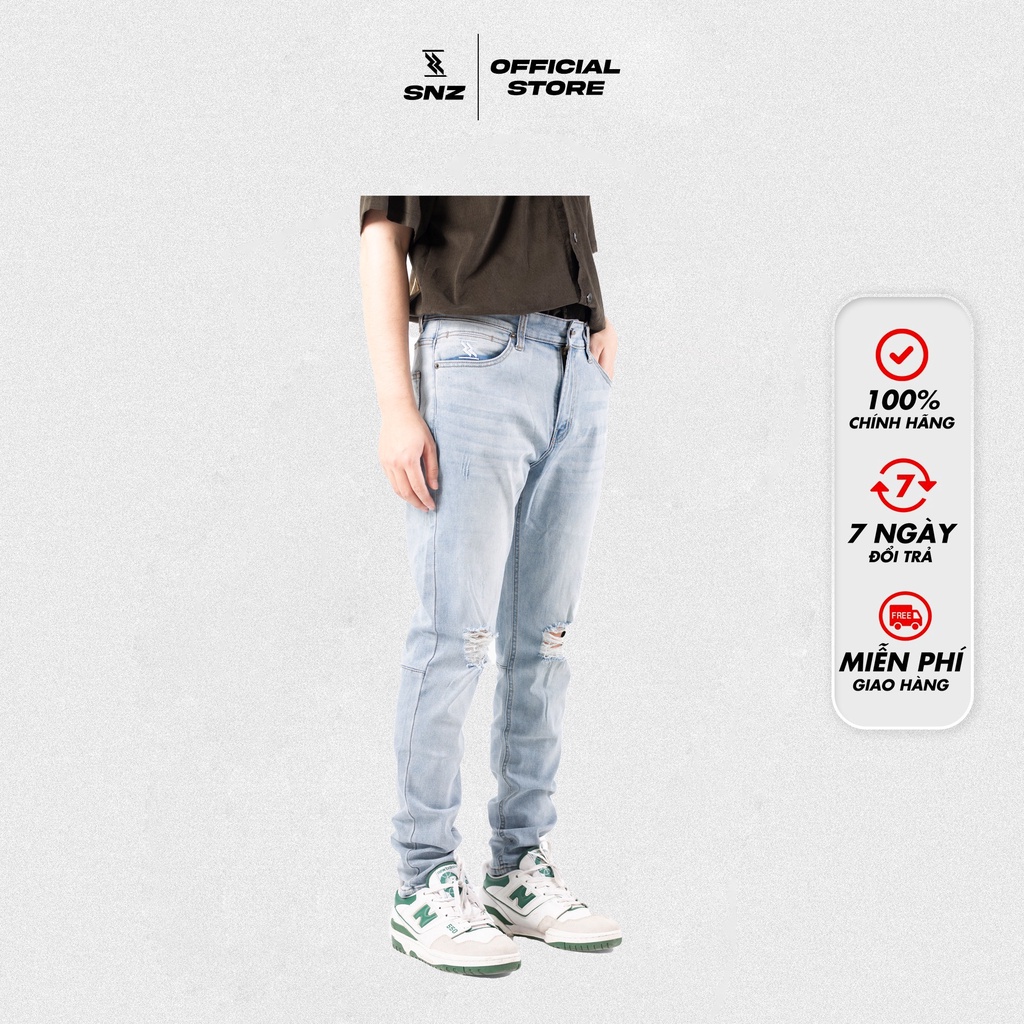 Quần jeans rách gối chất cotton co giãn tốt bền màu form trẻ trung SNAZZY DISTRESSED BLUE !