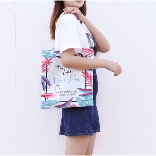 Túi vải tote hình chim hồng hạc