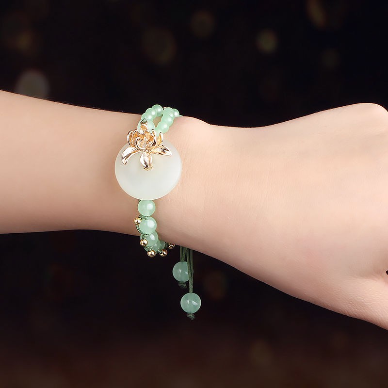 Vòng tay dây bện đính đá ngọc bích màu xanh lá phong cách Trung Hoa cổ điển dành cho nữ