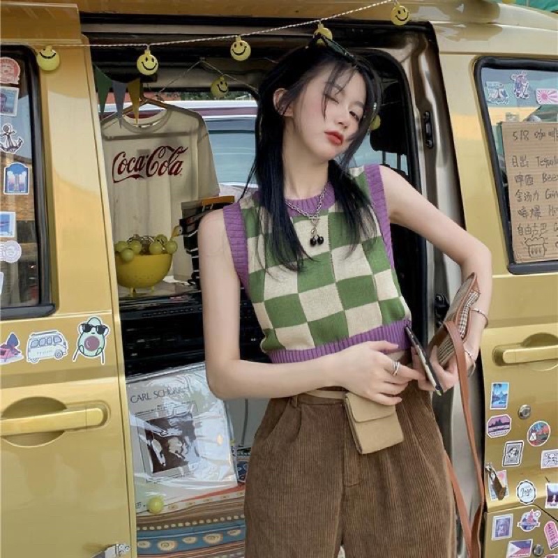 Áo Gile Len Kẻ Caro Phối Viền Hàn Quốc Cộc Tay Dáng Croptop