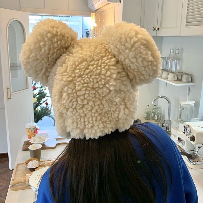 Mũ Len Lông Cừu , Mũ Len Mùa Đông Đính Tai Gấu Xinh Xắn Phong Cách Hàn Quốc Cho Nữ Doulbeh.Store