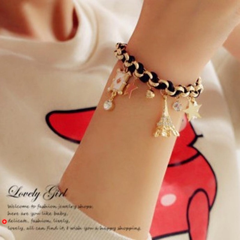 Vòng tay dây da nhiều lớp mặt hình ngôi sao/ trái tim/ vương miện/ tháp Eiffel thời trang cho nữ