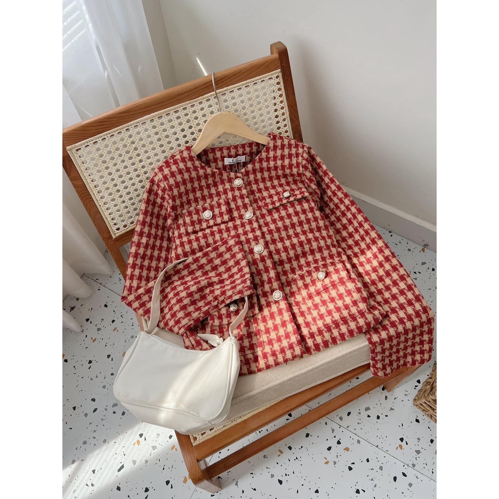 Áo khoác dạ 2 lớp  tweed túi giả kẻ caro 2 màu basic kiểu dáng Hàn Quốc