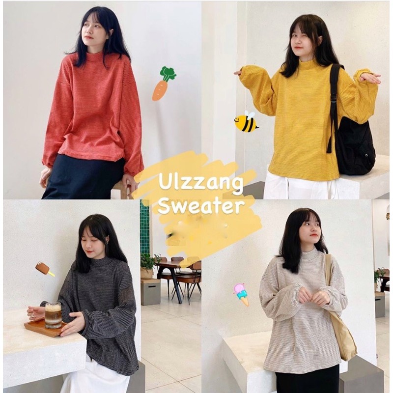 Áo nỉ len kẻ ngang tay bồng áo thun kẻ nhiều màu áo thu đông dài tay