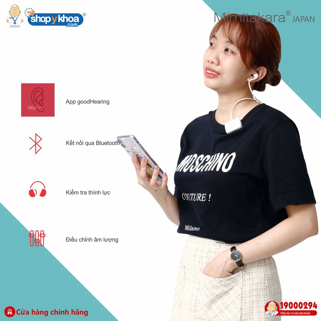 Máy Trợ Thính 2 Tai Nghe, Bluetooth, Pin Sạc, Ứng Dụng Smartphone Mimitakara  . Made In Taiwan