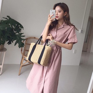 Đầm váy freesize sơ mi hồng túi mổ