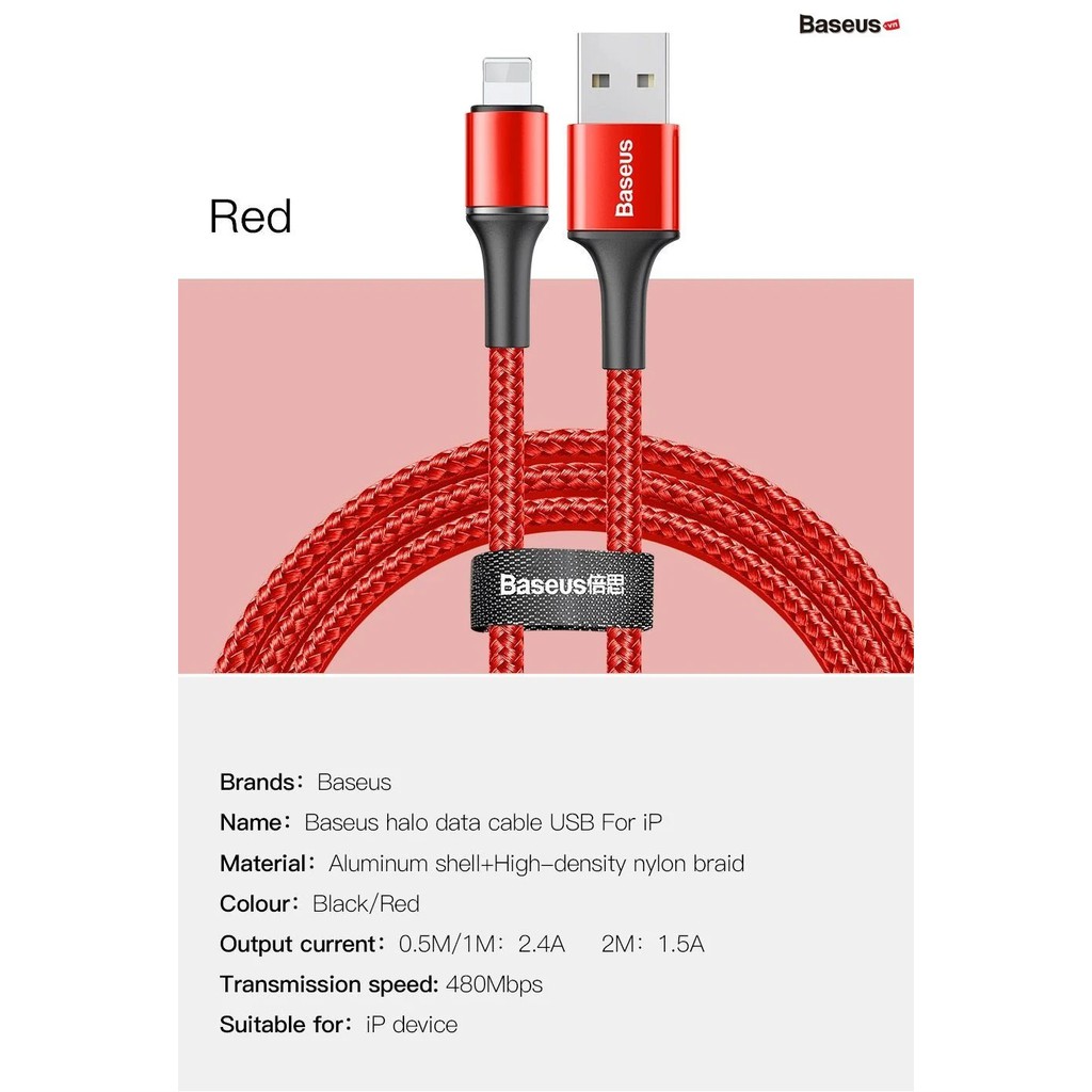 DÂY SẠC Baseus Halo Data cho iPhone iPad, kết nối Lightning, sạc nhanh 2.4A, có đèn LED, dài 1-2m – Chính Hãng