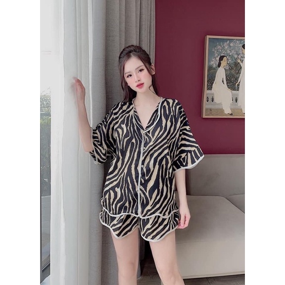 pizama bộ ngủ đùi tay cánh dơi chất maingo hoạ tiết beo, ngựa vằn đủ màu