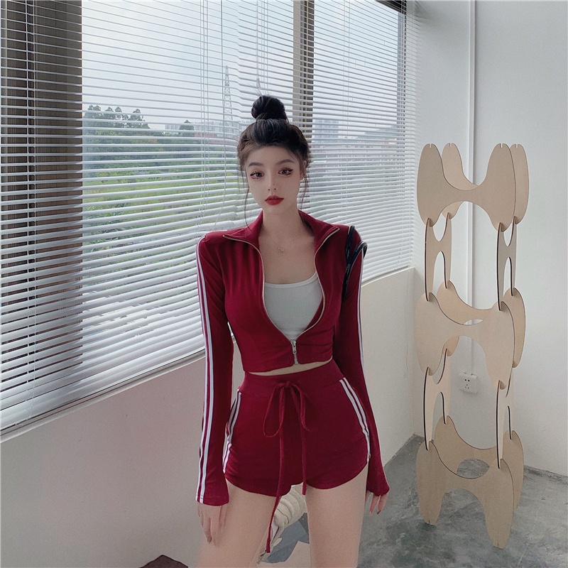 Bộ Áo Khoác Sweater Kẻ Sọc + Quần Short Lưng Cao + Áo Dây Rút Phong Cách Thể Thao Thời Trang Mùa Hè Cho Nữ