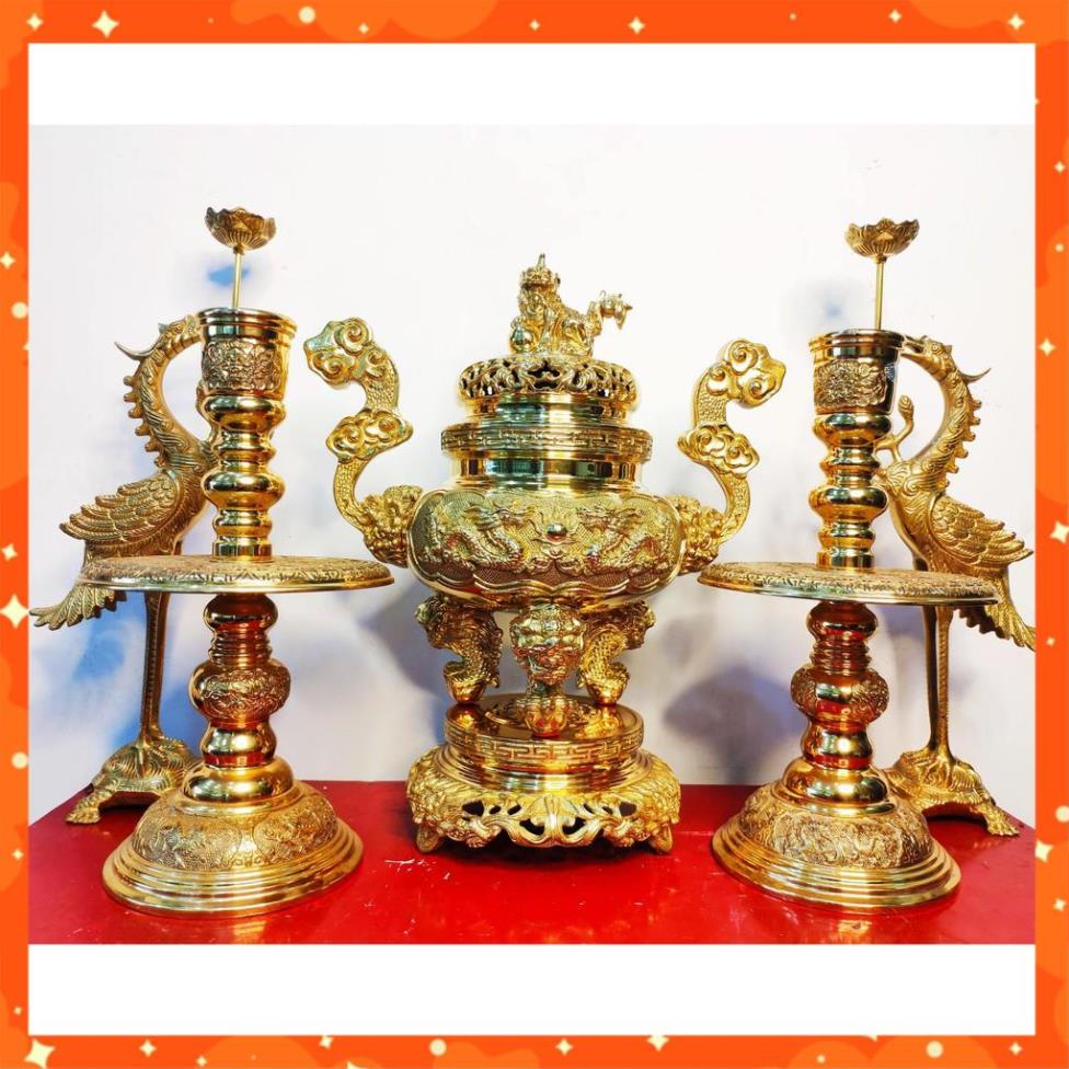 Bộ đỉnh lư thờ bằng đồng vàng cao cấp Cao 35cm. Tam sự - ngũ sự - đỉnh đồng - đỉnh thờ 35cm