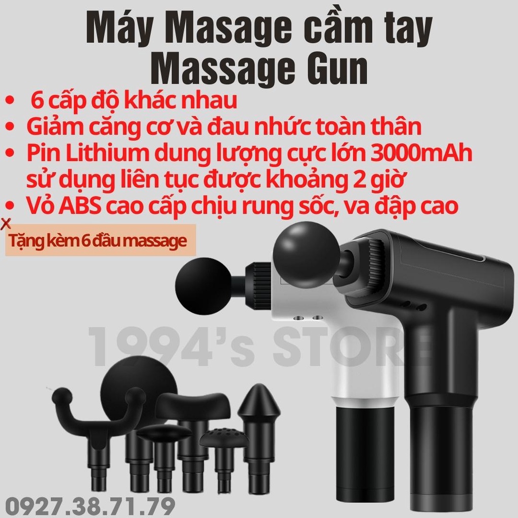 Máy massage cầm tay 6 đầu 6 cấp độ trị đau nhức toàn thân hiệu quả - Massage Gun cổ vai gáy kèm 6 đầu mát xa chuyên sâu