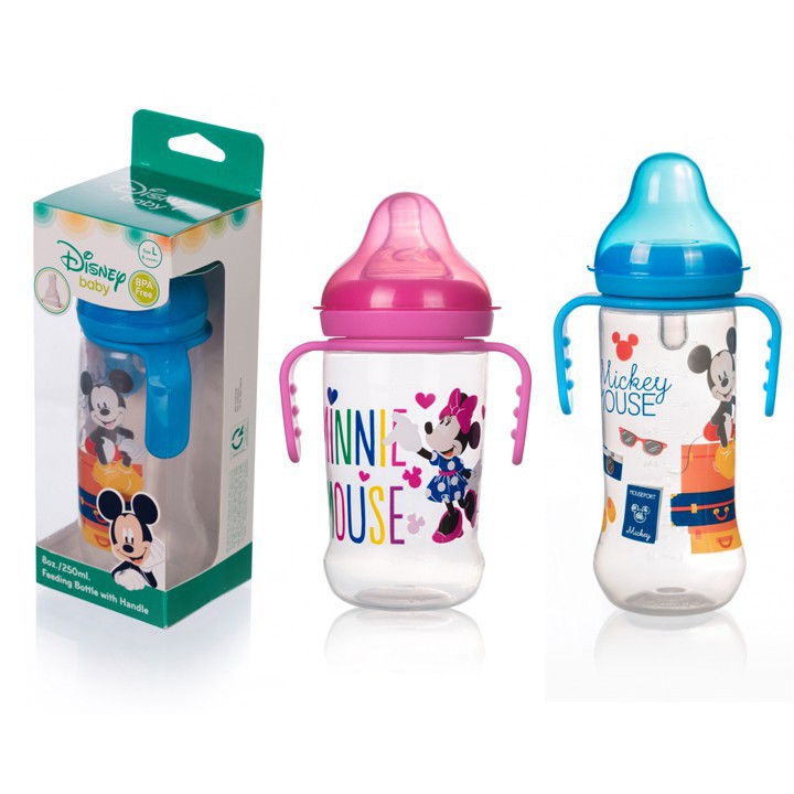 Bình sữa Thái Lan hiệu Disney có tay cầm / cổ thường / cổ rộng  nhựa an toàn