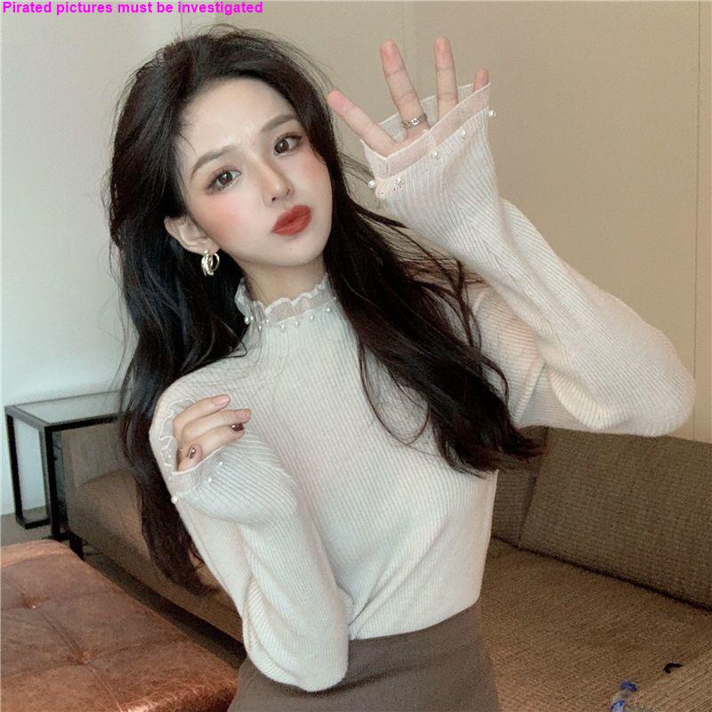 Áo Sweater Dệt Kim Tay Dài Cổ Cao Vừa Đính Ngọc Trai Thời Trang Thu Đông 2021 Cho Nữ