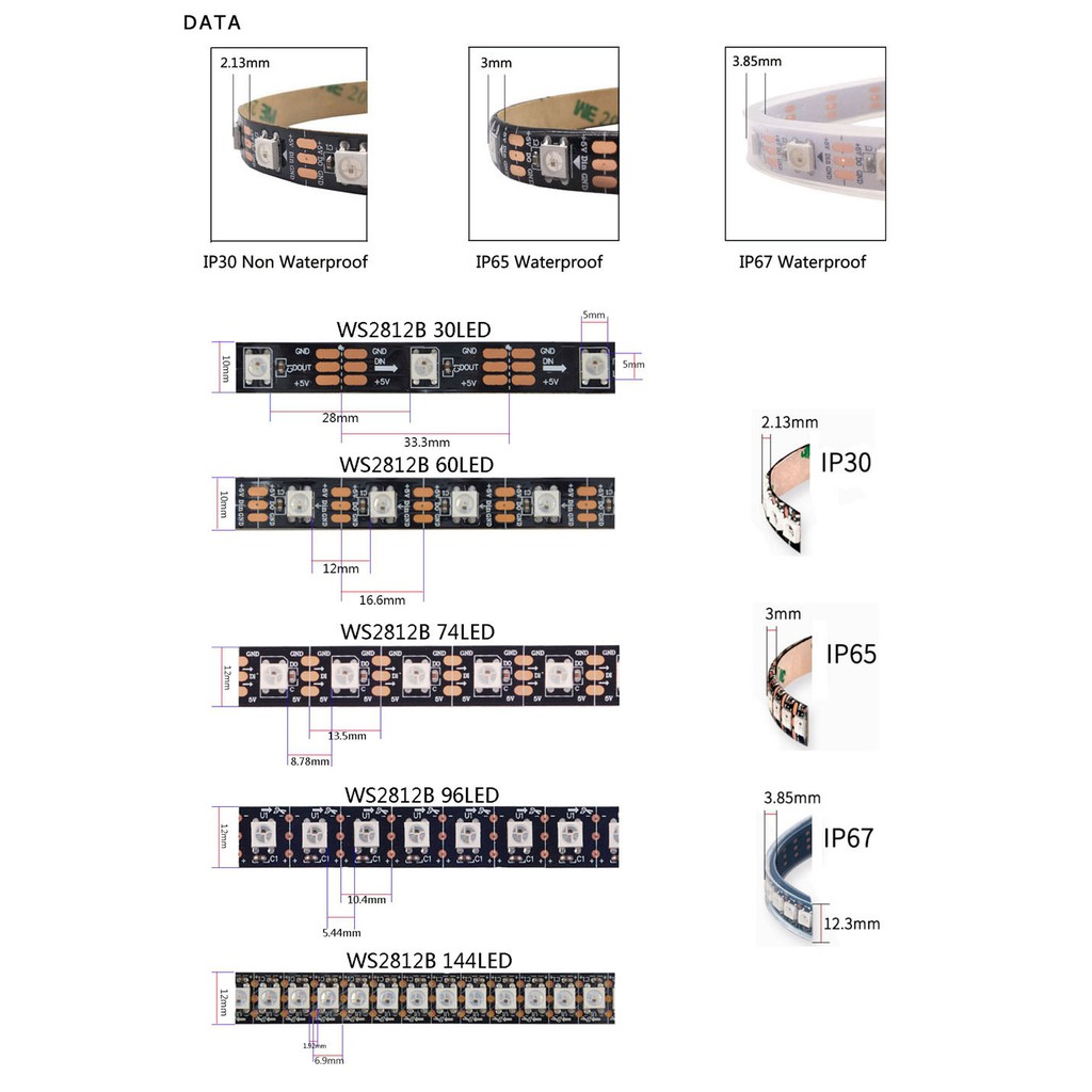 Dây đèn Led Dc5V Ws2812B 1m 5m Ws2812 chống nước Ip30 Ip65 Ip67