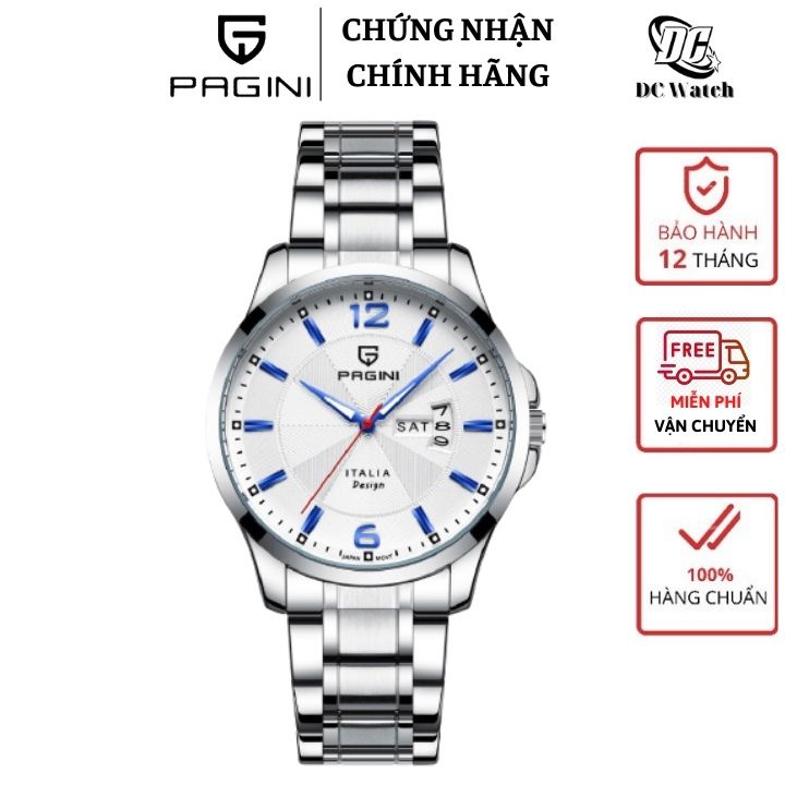 Đồng hồ nam chính hãng , đồng hồ nam chống nước PAGINI 5533 kim trôi dây thép đúc hiển thị lịch kép 