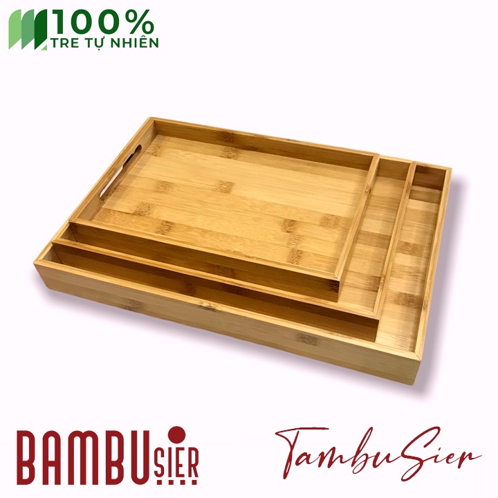 [BAMBOO] Khay để ấm chén trà tre cao cấp - khay gỗ tre decor, để đồ đa năng hình chữ nhật có tay cầm [LOUISANCE]